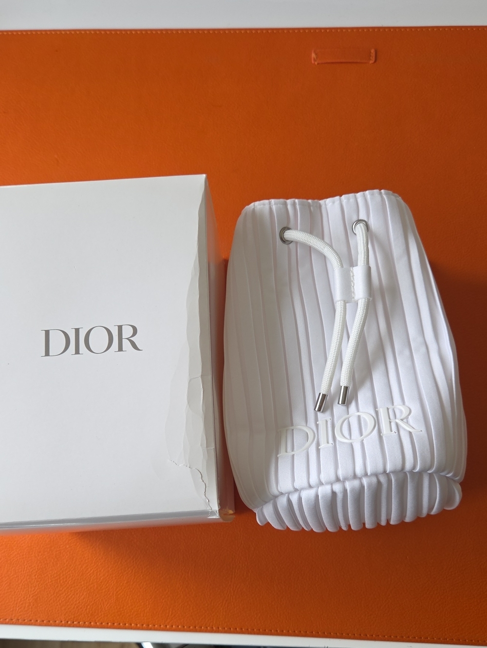 Dior White Pleated Drawstring Pouch with Embroidered Logo